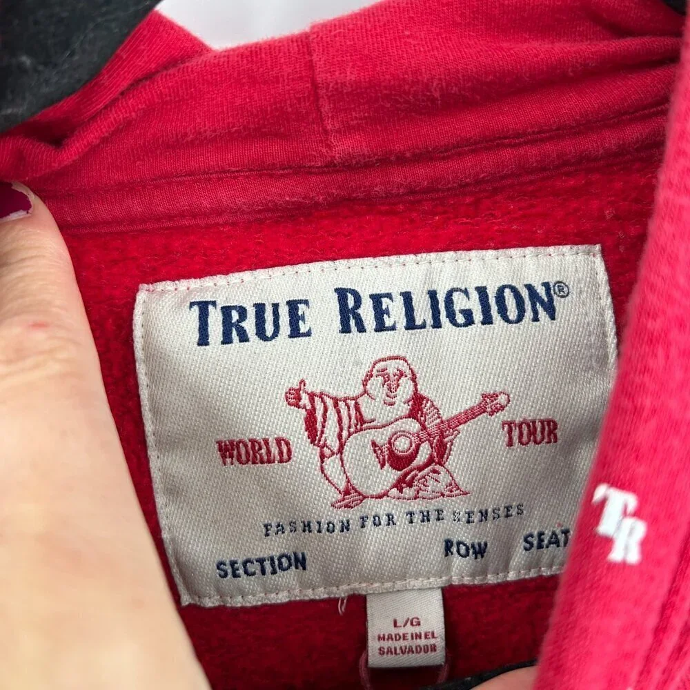 TRUE RELIGION Men's Red White Monogram TR Pullover Hoodie Sweater Size Large